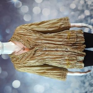 Agora sz L Vintage Rhinestone,Lace, and Pearl Accents Button Down Pleated Blouse